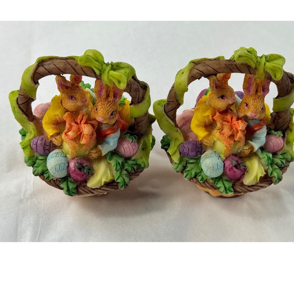 Easter Bunny Trinket Box Figurine Set 2 Resin Hinge Basket Chick Hidden Surprise